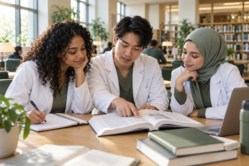 Illustration of medical students studying together in a bright library